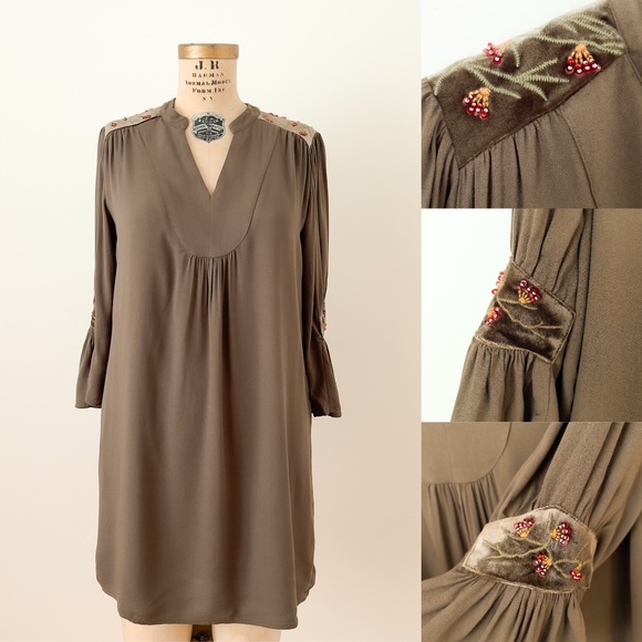 Embroidered Brown Velvet Bell Sleeve Dress Carolina Belle Size 8 Artsy Boho - Picture 1 of 14